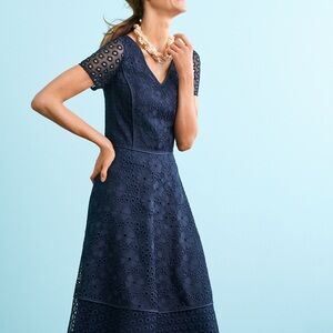 Talbots Navy Eyelet V-Neck A-Line Midi Dress